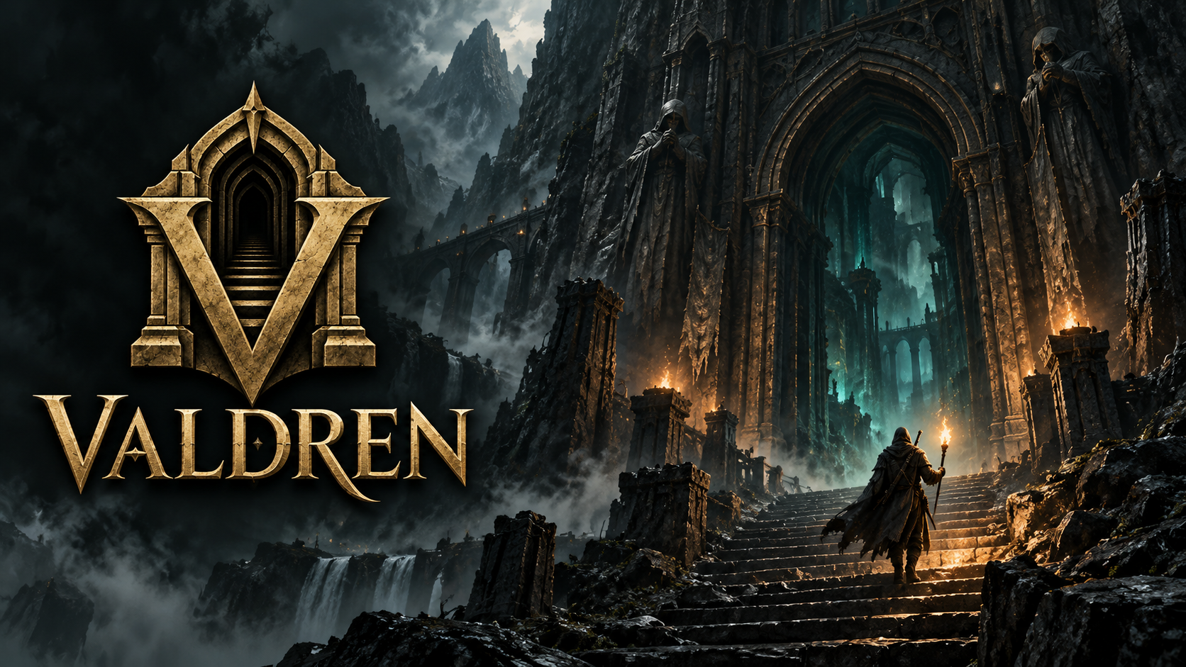 The Valdren emblem and a traveller facing a monumental crypt entrance in the mountains.